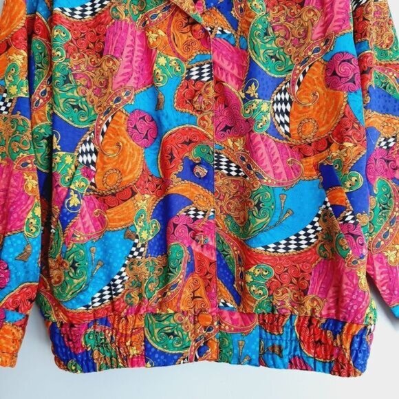 Vintage Silky Satin Retro Colorful Abstract Art Bomber Jacket Sz M - Picture 3 of 12